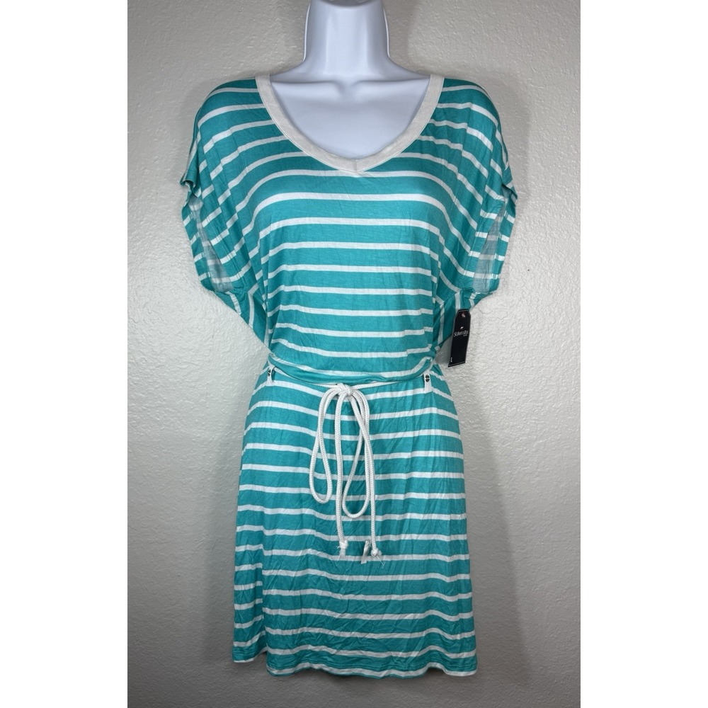 St. John's Bay Striped Drawstring Knit Dress / Swim Cover-Up Size L Teal White
